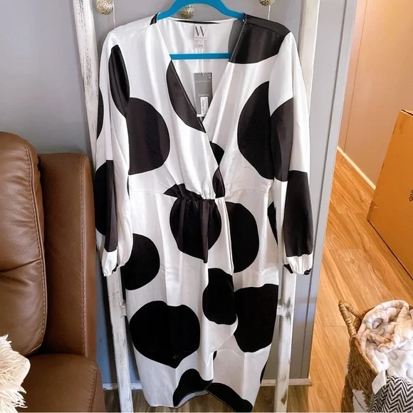 Worthington Black and White Polka Dot Wrap Dress Size Large - Picture 1 of 8